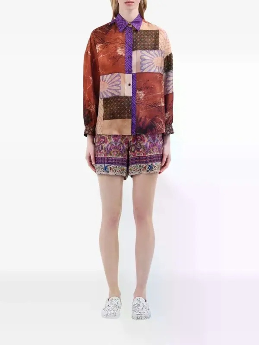 Pierre-Louis Mascia Aloe Patchwork 100% Silk Long Sleeve Shirt Multicolor Small